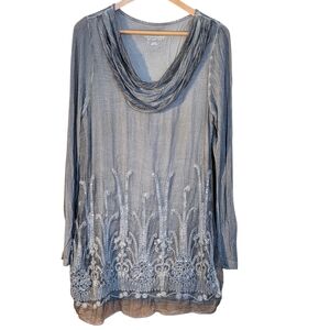 Soft Surroundings Gray Embroidered Cowl Neck Tunic Top M Silk Business Casual